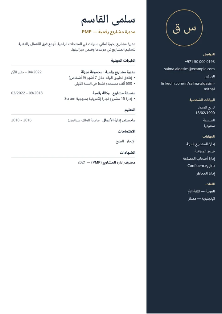 نموذج سيرة ذاتية لمديرة مشاريع رقمية