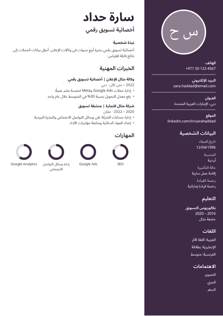 قالب السيرة الذاتية الباذنجاني مملوءًا ببيانات مثال