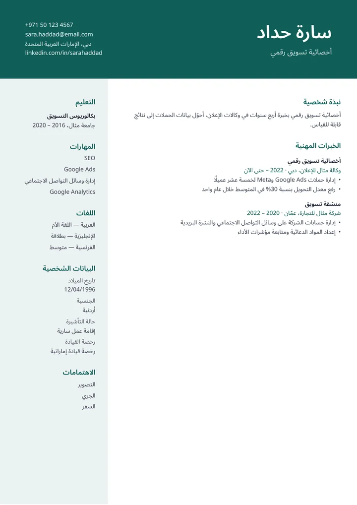 قالب السيرة الذاتية الشريط مملوءًا ببيانات مثال