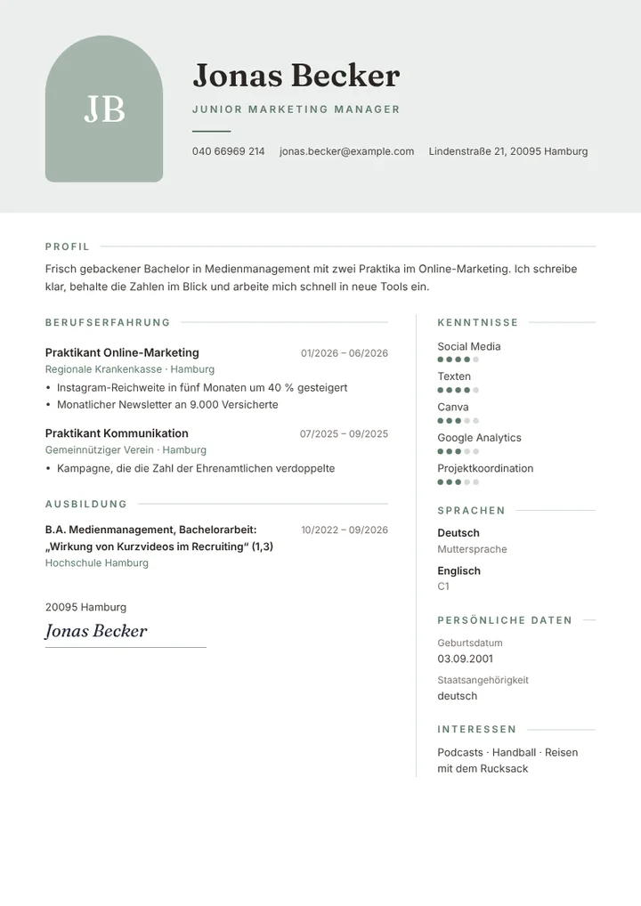 Lebenslauf-Beispiel für einen Berufseinsteiger im Marketing, mit Foto