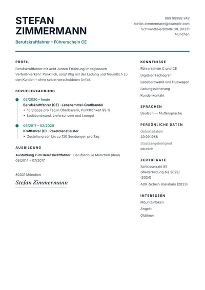 Lebenslauf-Beispiel eines Berufskraftfahrers mit Führerschein CE