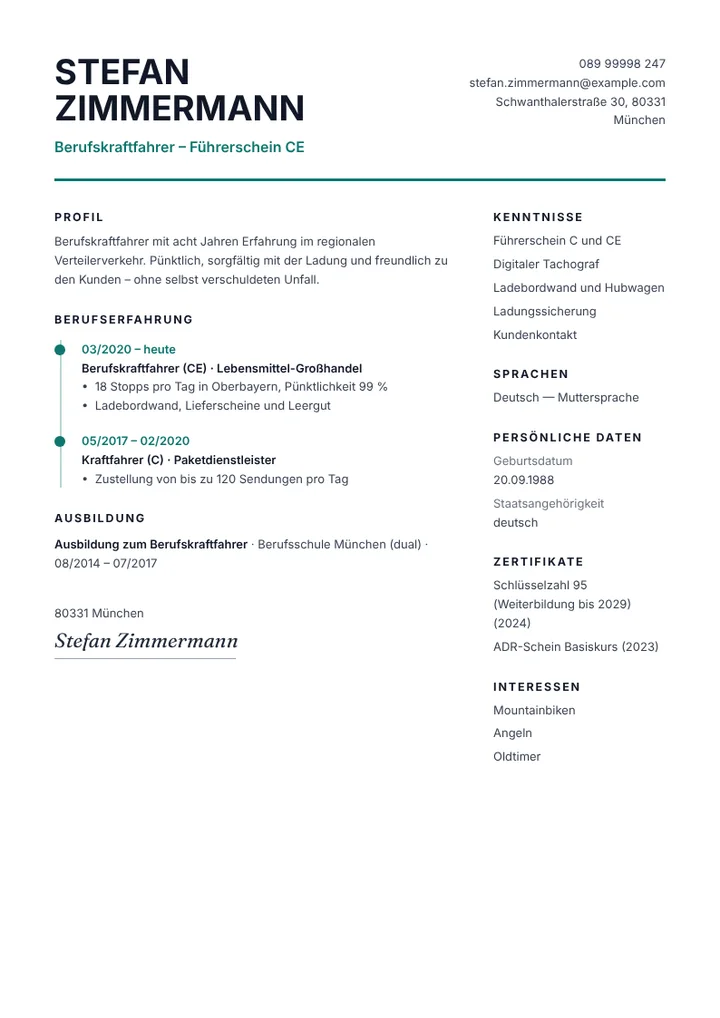 Lebenslauf-Beispiel eines Berufskraftfahrers mit Führerschein CE