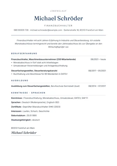 Lebenslauf-Beispiel eines Finanzbuchhalters, schlichte tabellarische Vorlage