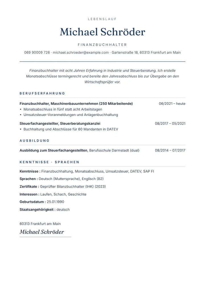 Lebenslauf-Beispiel eines Finanzbuchhalters, schlichte tabellarische Vorlage