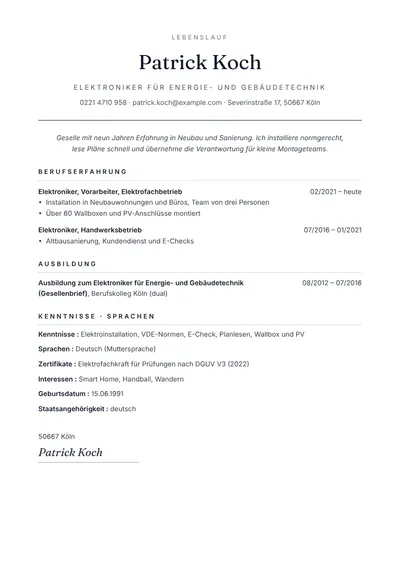 Lebenslauf-Beispiel eines Elektronikers für Energie- und Gebäudetechnik