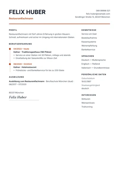 Lebenslauf-Beispiel eines Kellners im Restaurant mit Foto