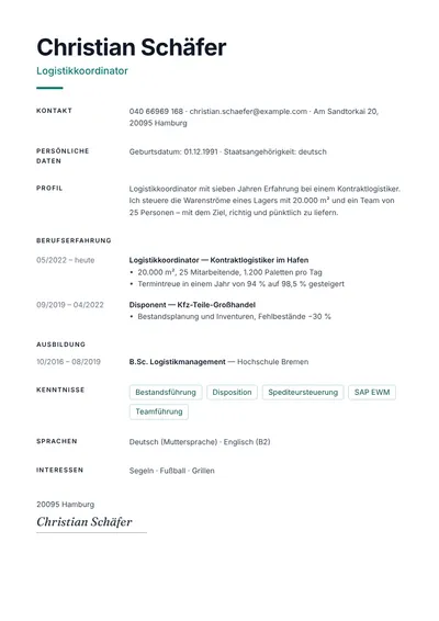 Lebenslauf-Beispiel eines Logistikkoordinators mit Kennzahlen