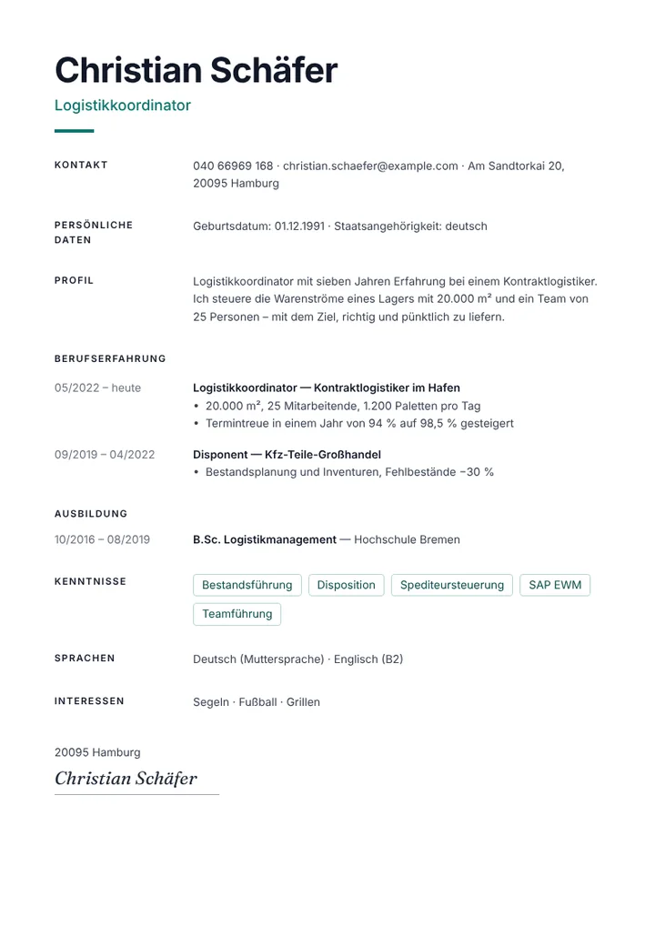 Lebenslauf-Beispiel eines Logistikkoordinators mit Kennzahlen
