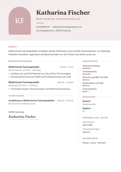 Lebenslauf-Beispiel einer Medizinischen Fachangestellten in der Hausarztpraxis