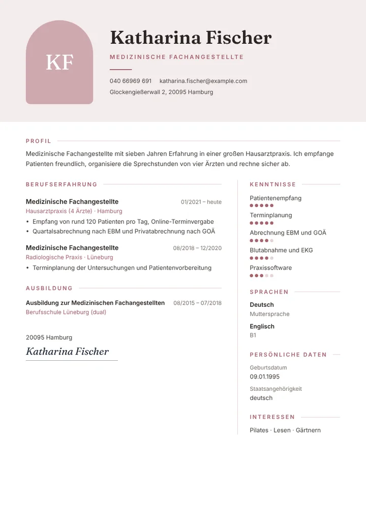 Lebenslauf-Beispiel einer Medizinischen Fachangestellten in der Hausarztpraxis