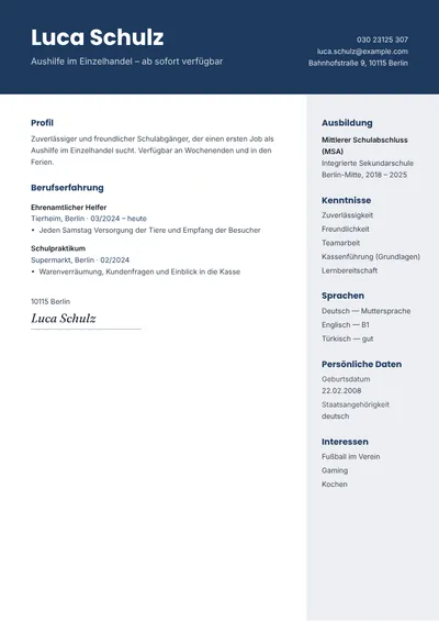 Lebenslauf-Beispiel ohne Berufserfahrung für eine Aushilfsstelle, mit Foto