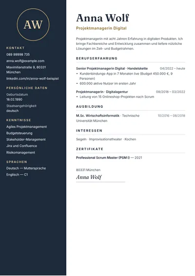 Lebenslauf-Beispiel einer Projektmanagerin mit Budgets und Teamgrößen