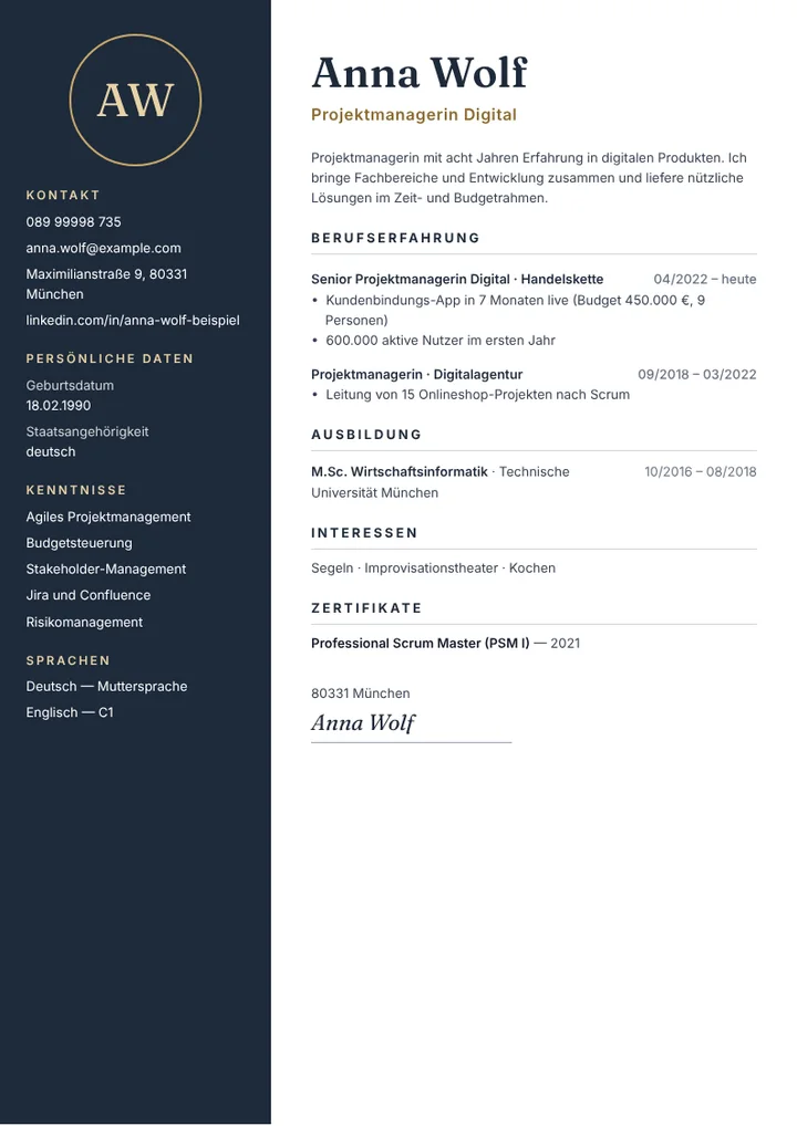 Lebenslauf-Beispiel einer Projektmanagerin mit Budgets und Teamgrößen