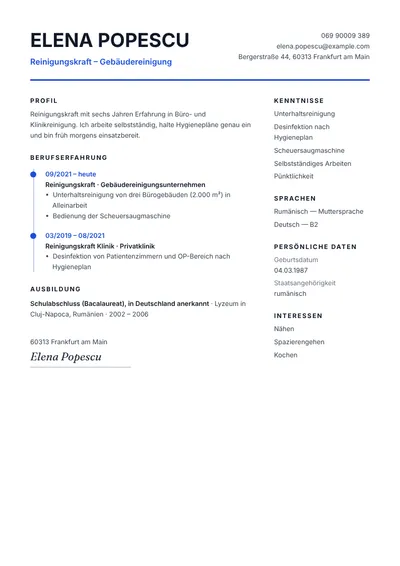 Lebenslauf-Beispiel einer Reinigungskraft in Büro- und Klinikreinigung