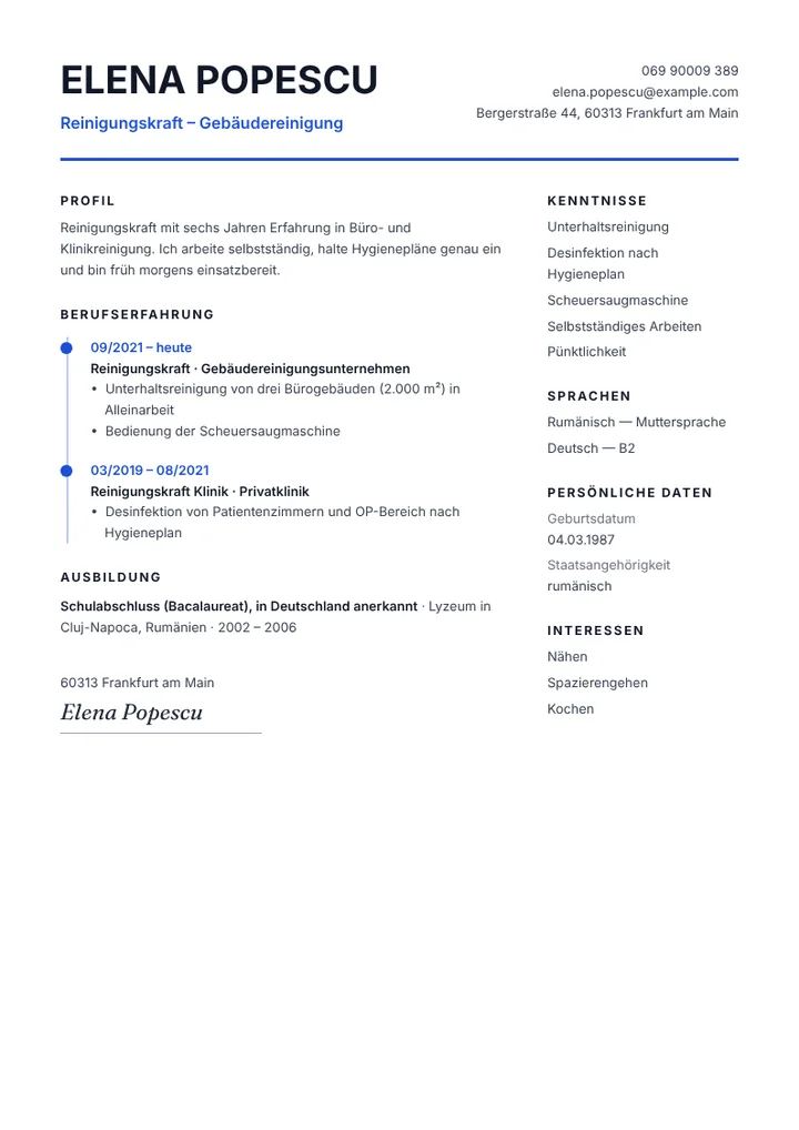 Lebenslauf-Beispiel einer Reinigungskraft in Büro- und Klinikreinigung