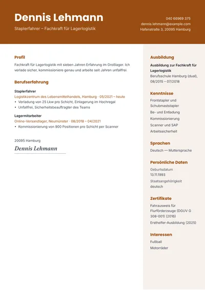 Lebenslauf-Beispiel eines Staplerfahrers mit Staplerschein