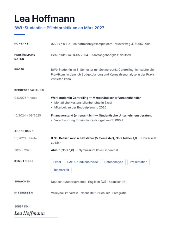 Lebenslauf-Beispiel einer BWL-Studentin für ein Praktikum, tabellarisch