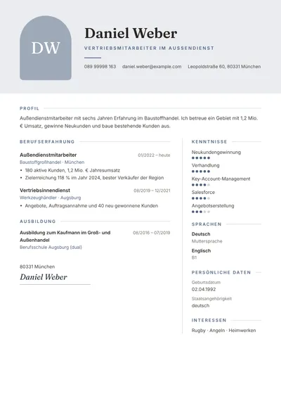 Lebenslauf-Beispiel eines Außendienstmitarbeiters mit Umsatzzahlen