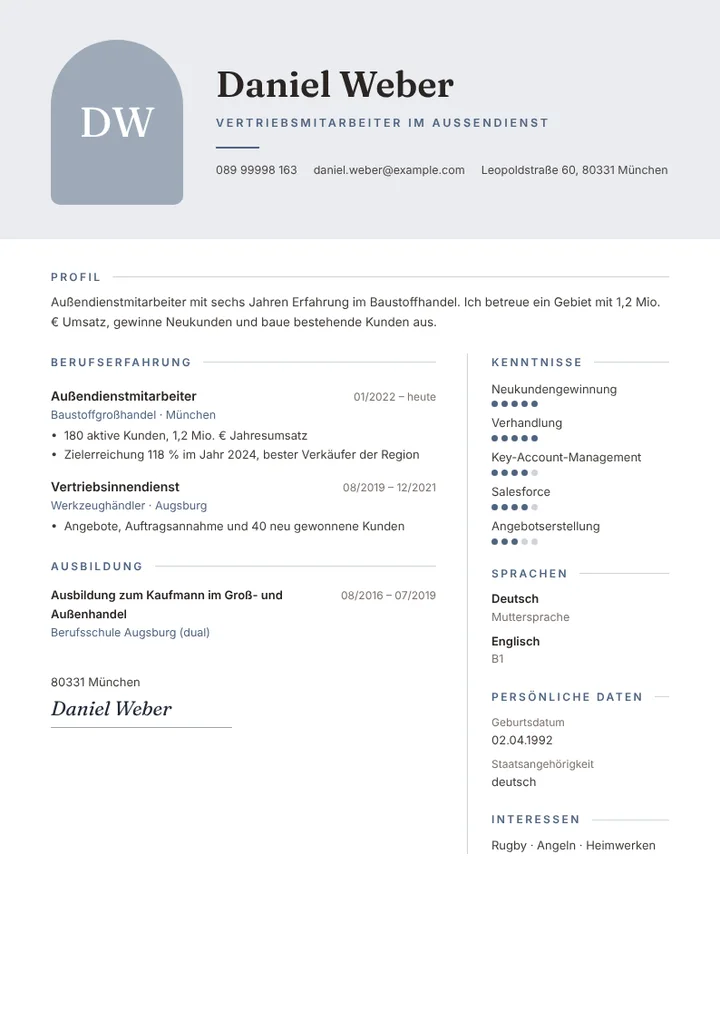 Lebenslauf-Beispiel eines Außendienstmitarbeiters mit Umsatzzahlen
