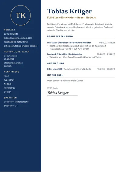 Lebenslauf-Beispiel eines Full-Stack-Webentwicklers mit Technologien