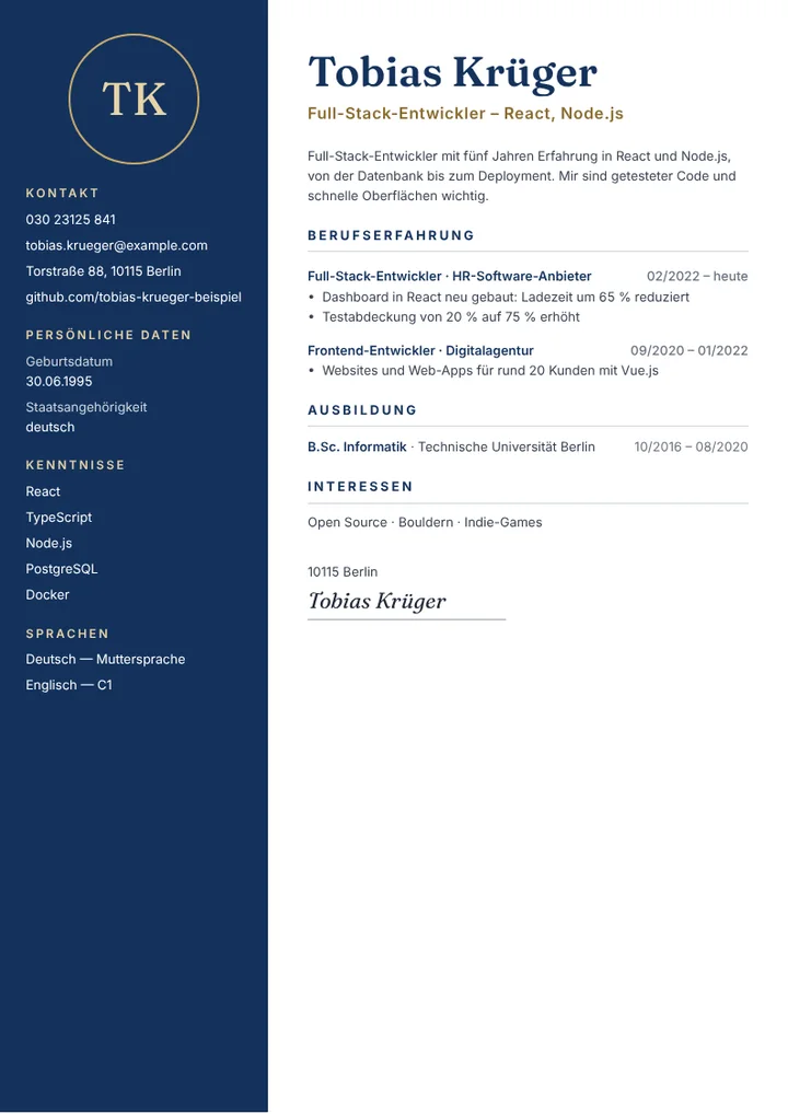 Lebenslauf-Beispiel eines Full-Stack-Webentwicklers mit Technologien