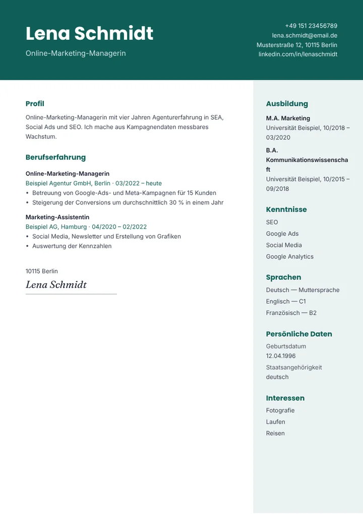 Lebenslauf-Vorlage Banner mit Beispieldaten