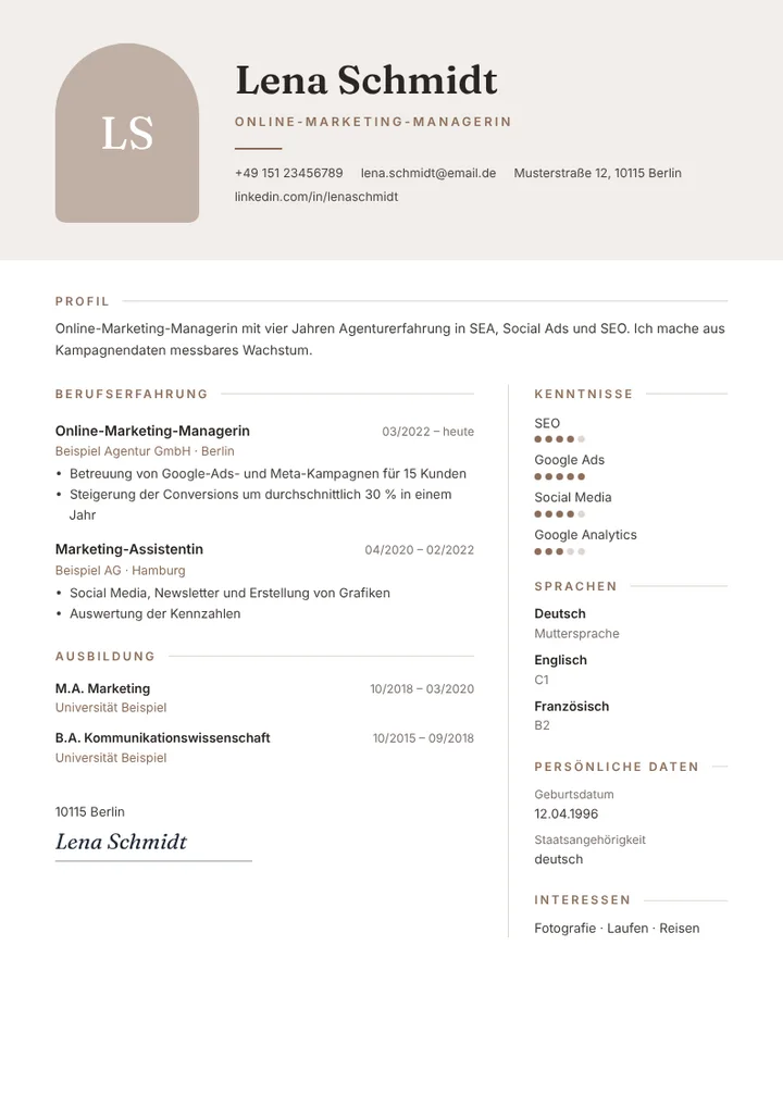 Lebenslauf-Vorlage Bogen mit Beispieldaten