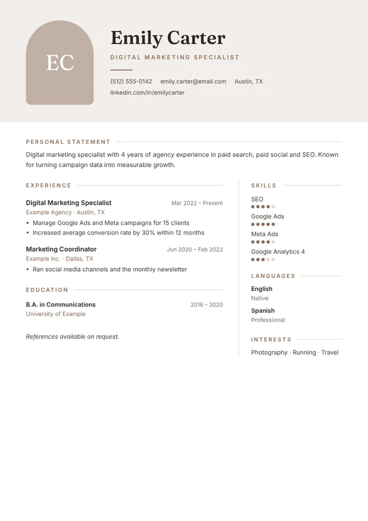 Arch CV template filled in with a sample