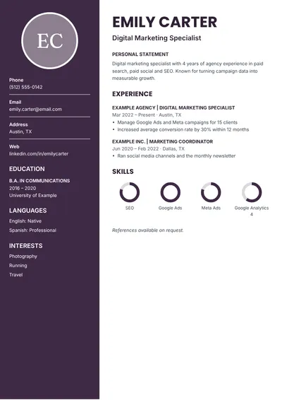Preview of the Aubergine CV template
