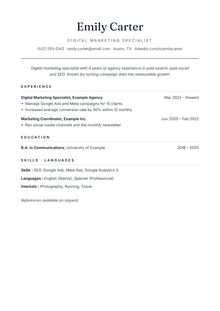 Classic CV template filled in with a sample