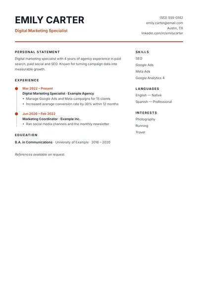 Preview of the Timeline CV template