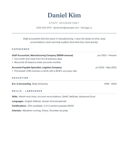 Staff accountant resume example with month-end close and reconciliations