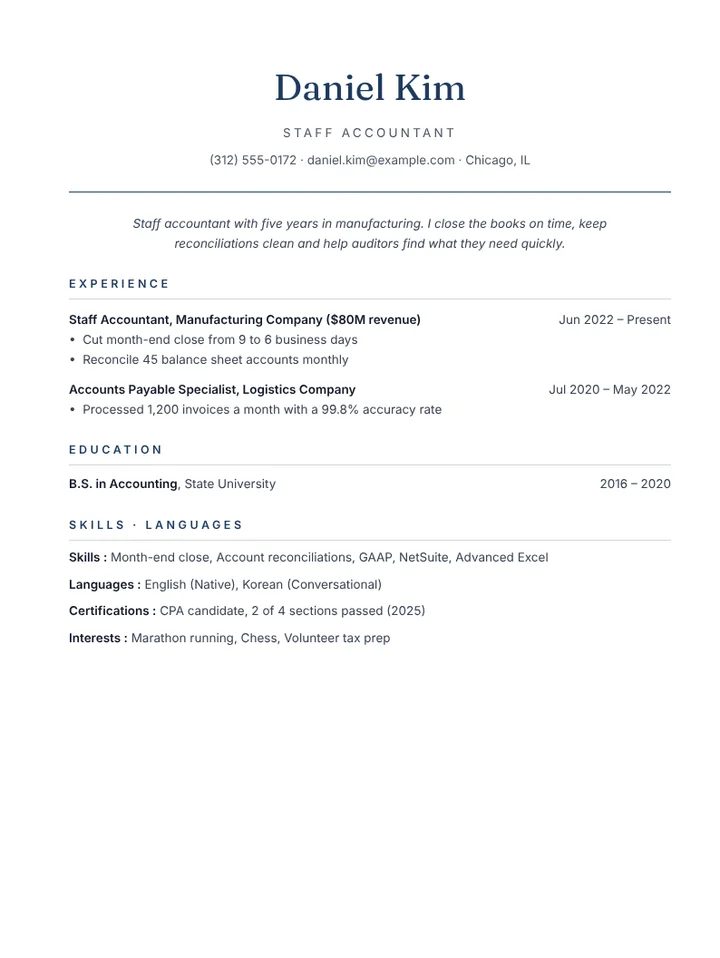 Staff accountant resume example with month-end close and reconciliations