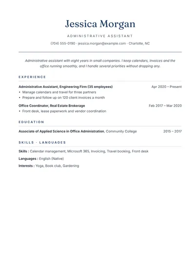 Administrative assistant resume example for a small company, no photo