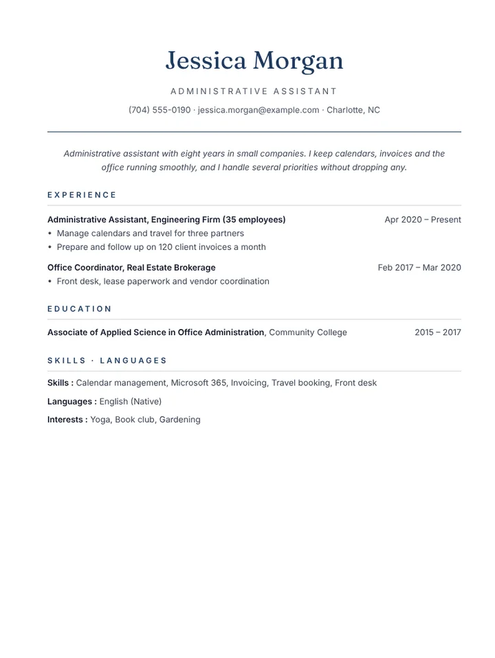 Administrative assistant resume example for a small company, no photo
