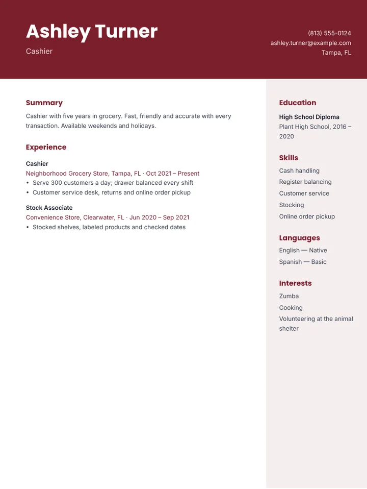 Cashier resume example for a grocery store, one page, no photo