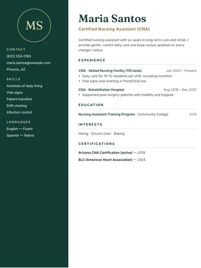 Certified nursing assistant resume example for long-term care, no photo