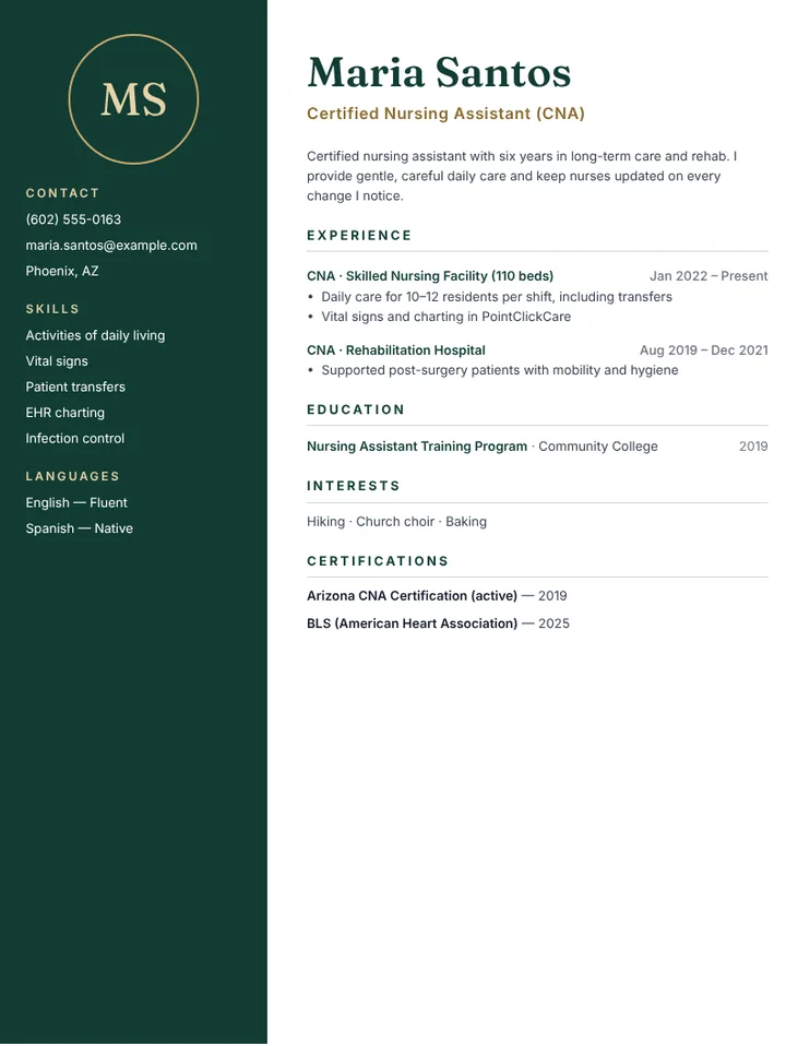 Certified nursing assistant resume example for long-term care, no photo