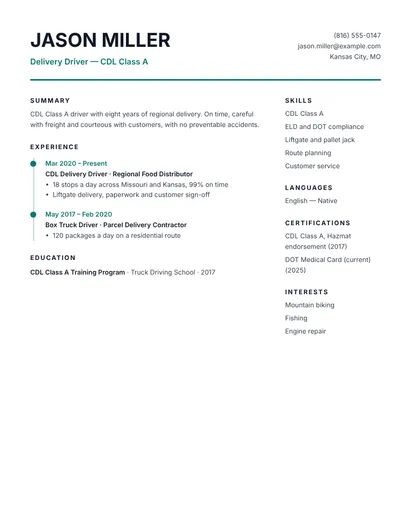 CDL Class A delivery driver resume example with clean driving record