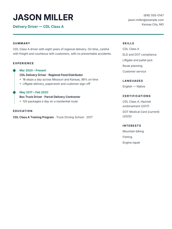 CDL Class A delivery driver resume example with clean driving record