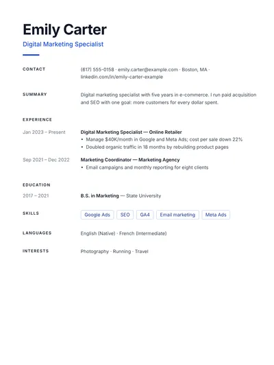 Digital marketing specialist resume example with campaign results