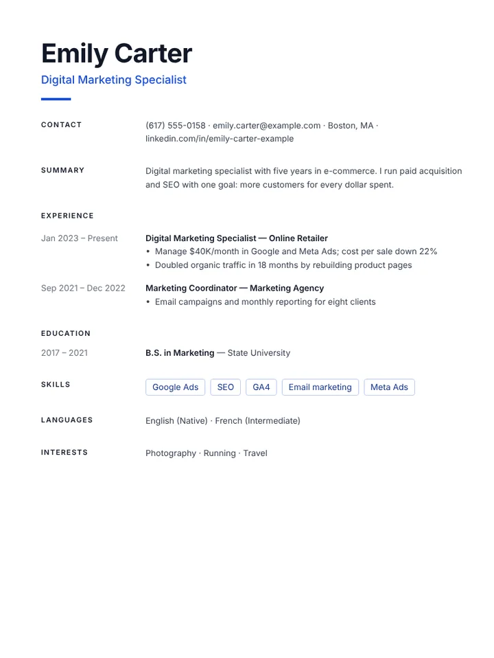 Digital marketing specialist resume example with campaign results