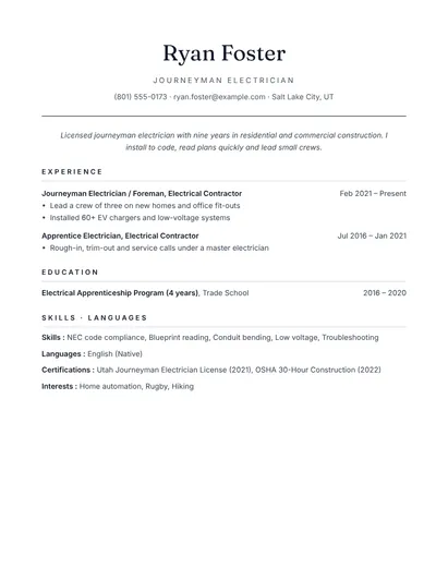 Journeyman electrician resume example with license and projects