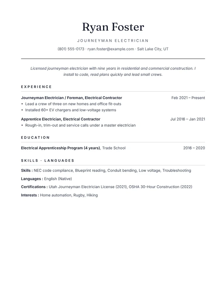 Journeyman electrician resume example with license and projects