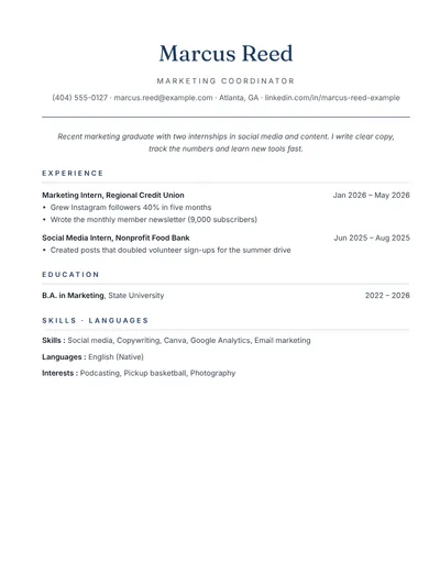 Entry-level resume example for a recent marketing graduate, one page