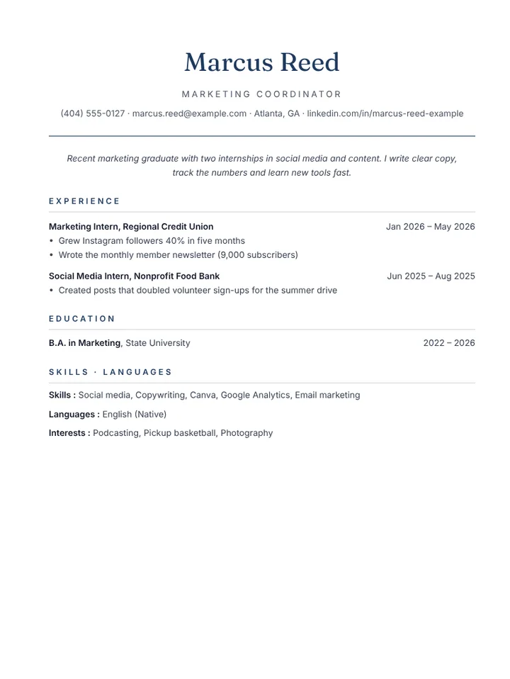 Entry-level resume example for a recent marketing graduate, one page