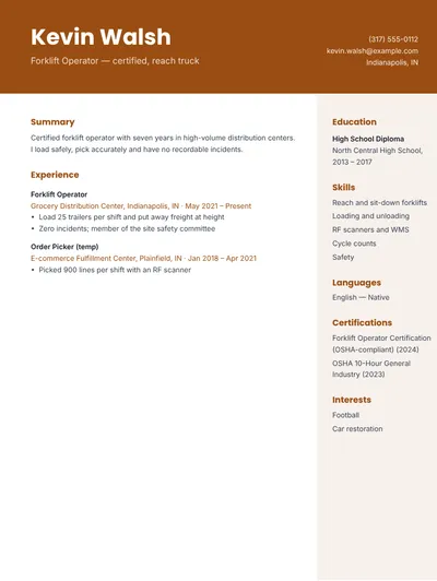 Forklift operator resume example with certification and safety record