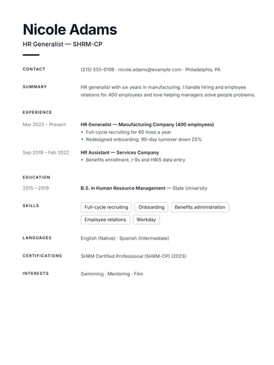 HR generalist resume example with recruiting and benefits experience