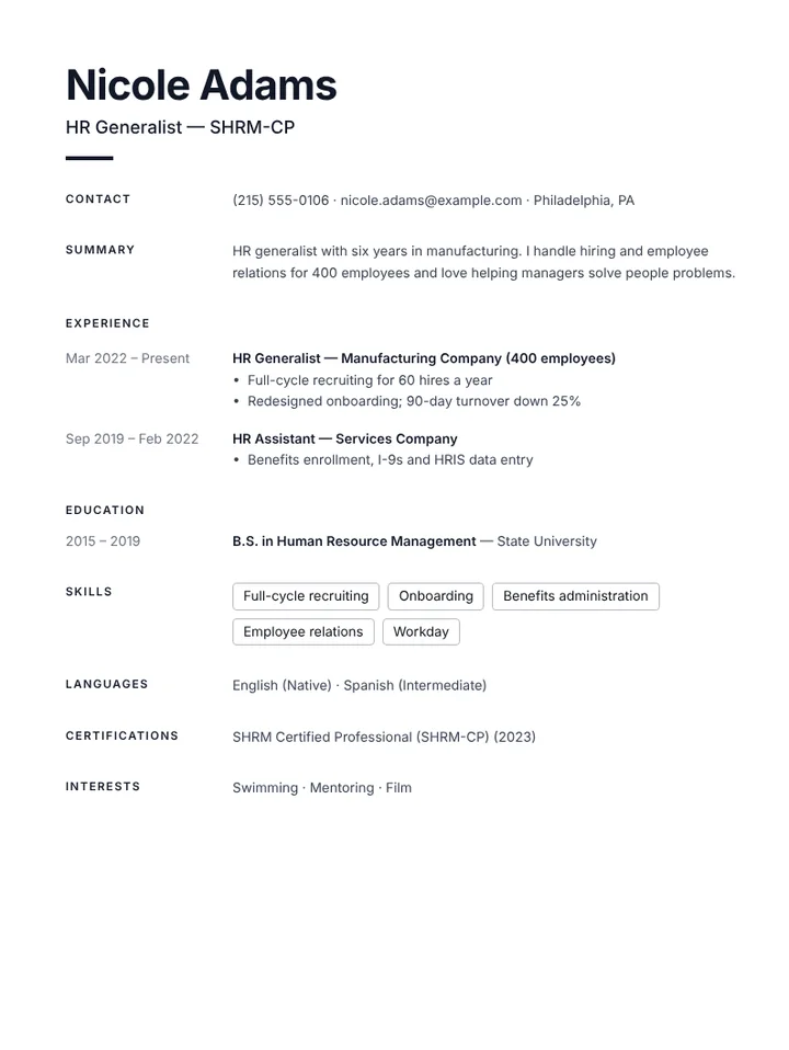 HR generalist resume example with recruiting and benefits experience