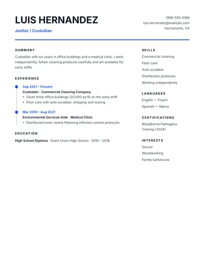 Janitor and custodian resume example for commercial buildings